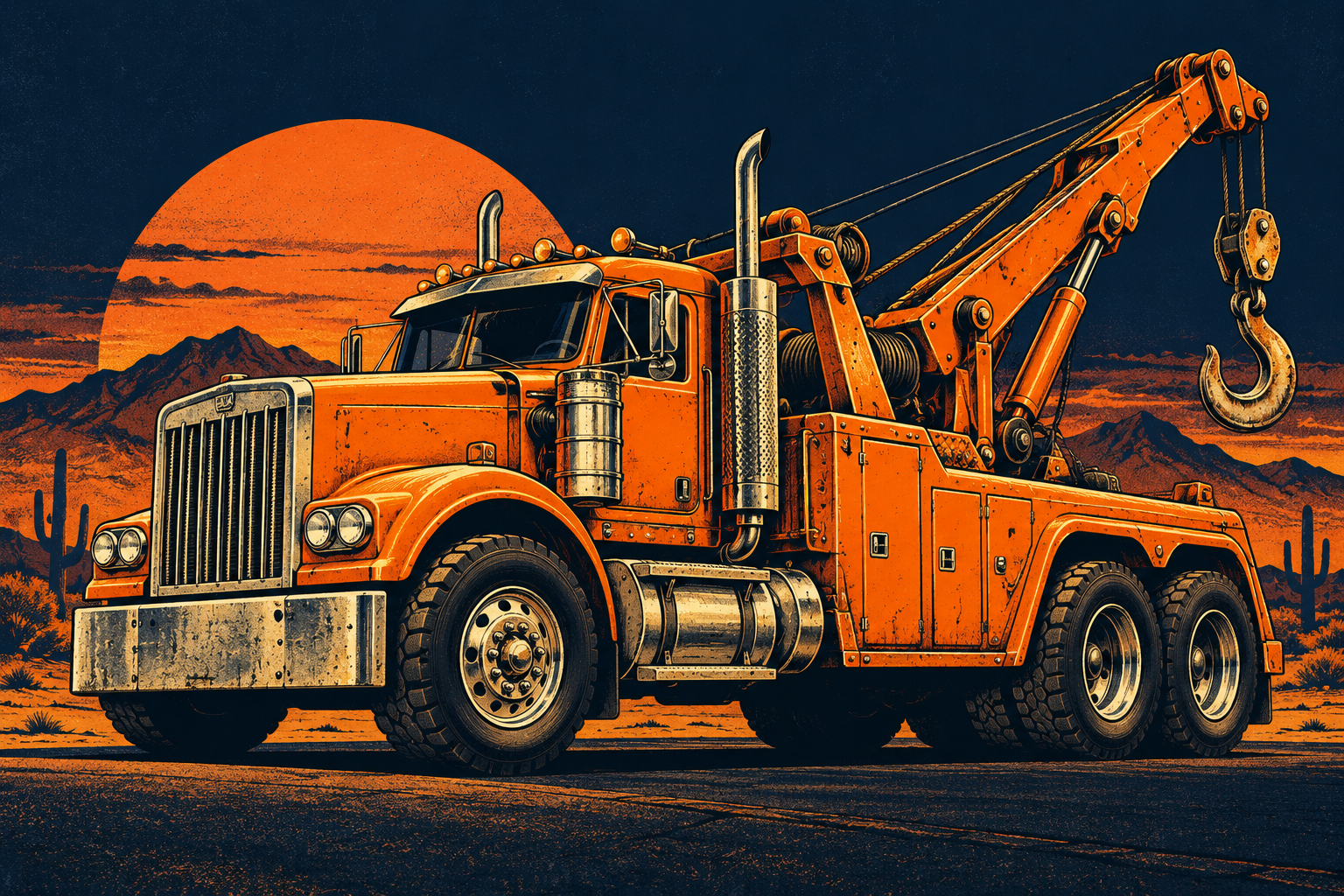 Retro orange heavy-duty tow truck with a huge steel hook against a desert sunset